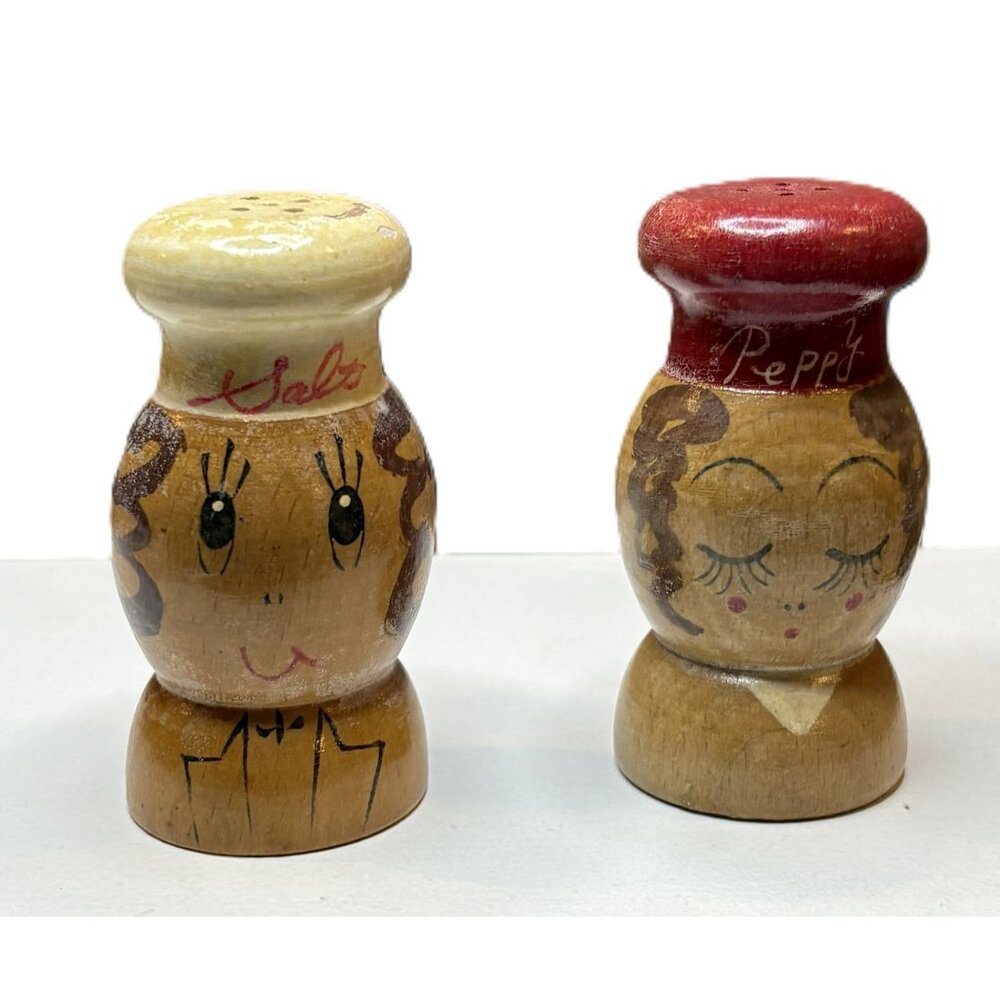 Hand-Painted Wooden Salt & Pepper Shaker Set Vintage Japan Stoppers 3" Tall
